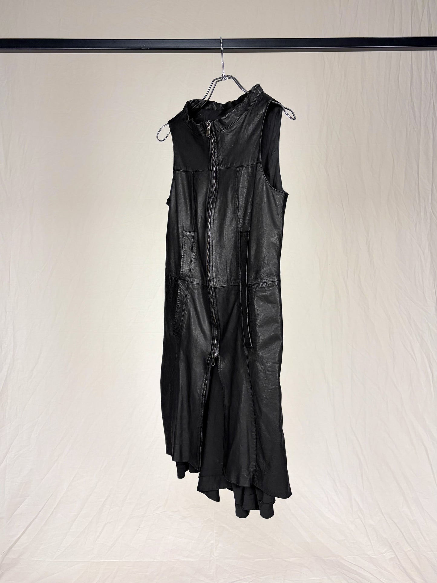LAYERED LEATHER ZIP-UP SLEEVELESS DRESS