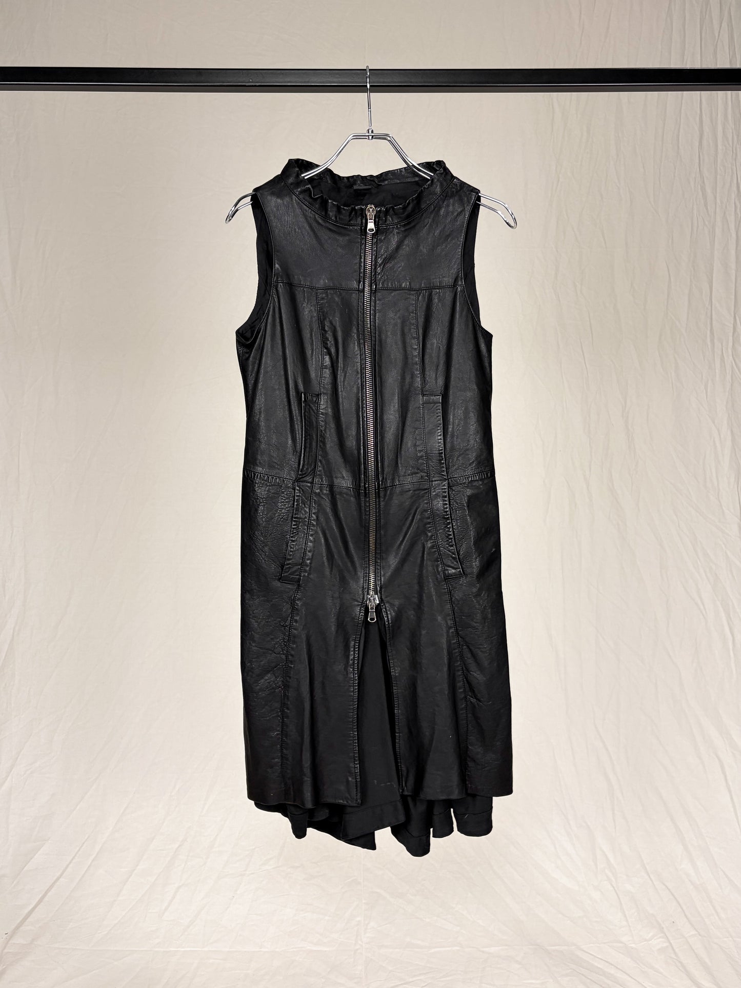 LAYERED LEATHER ZIP-UP SLEEVELESS DRESS
